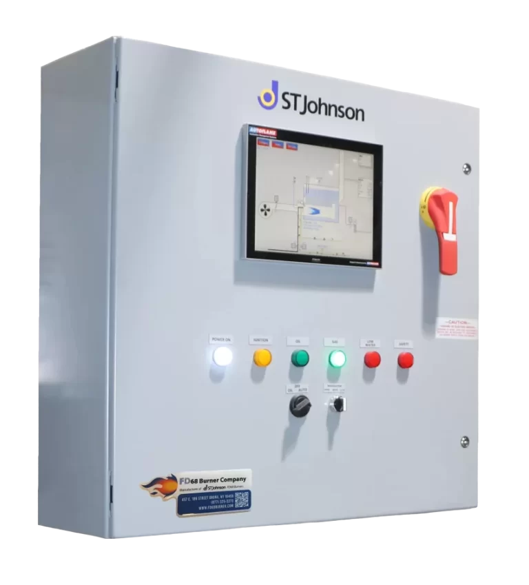 Image of an stj-fd68 electrical panel with autoflame controls by the fd68 burner company.